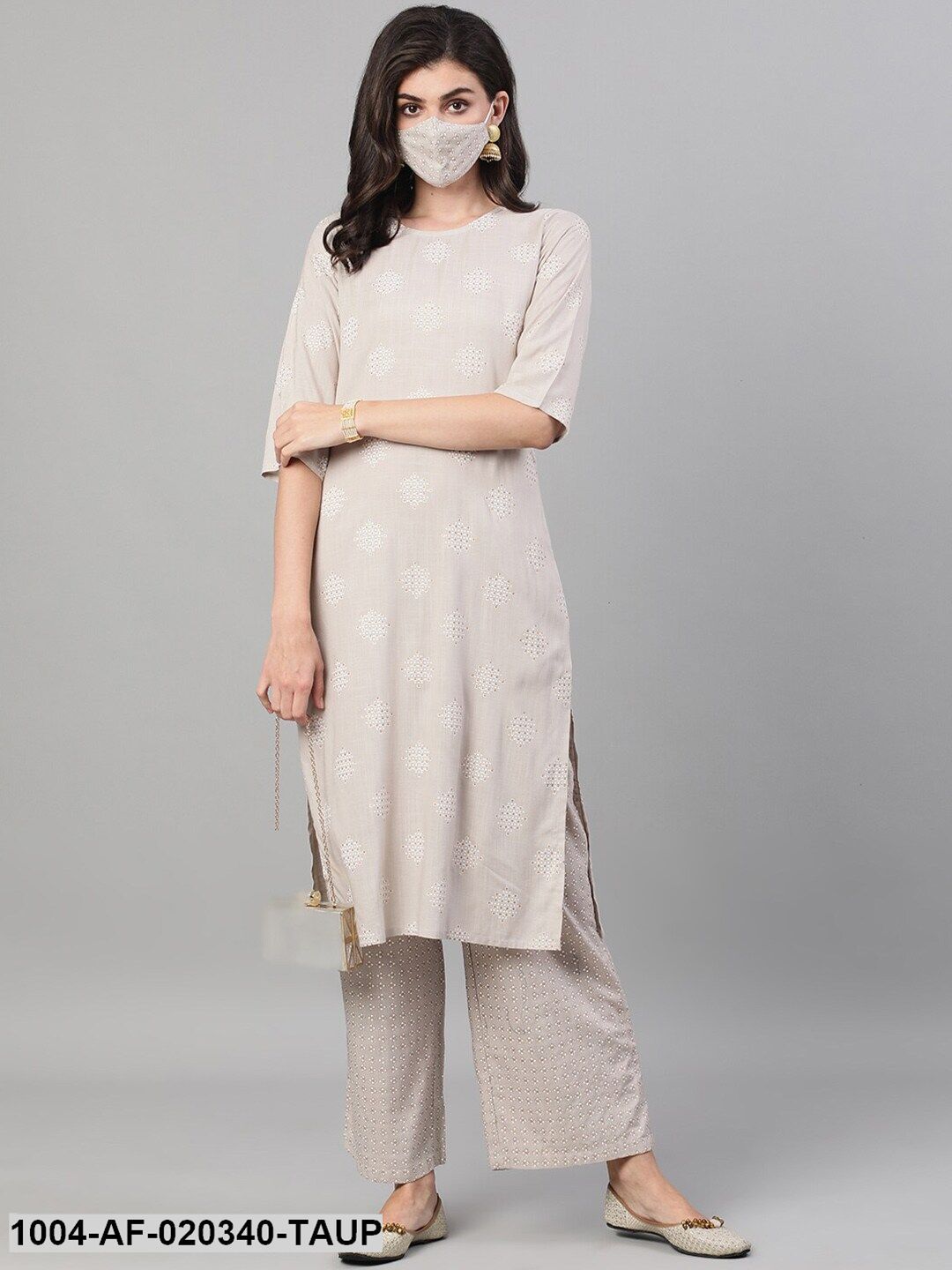 Taupe Printed Kurta with Palazzos