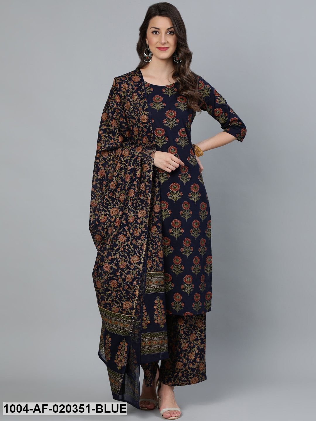 Blue Floral Pure Cotton Kurta with Trousers & With Dupatta