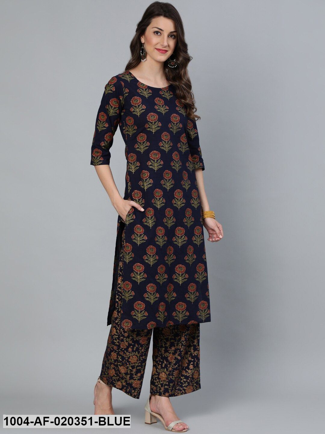 Blue Floral Pure Cotton Kurta with Trousers & With Dupatta