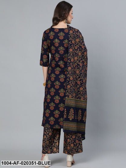 Blue Floral Pure Cotton Kurta with Trousers & With Dupatta