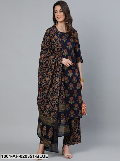 Blue Floral Pure Cotton Kurta with Trousers & With Dupatta