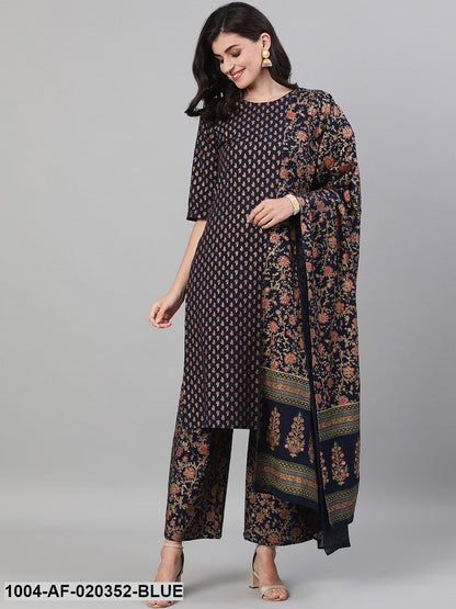 Blue Printed Kurta with Palazzos & Dupatta