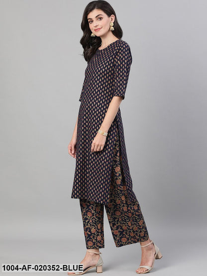 Blue Printed Kurta with Palazzos & Dupatta