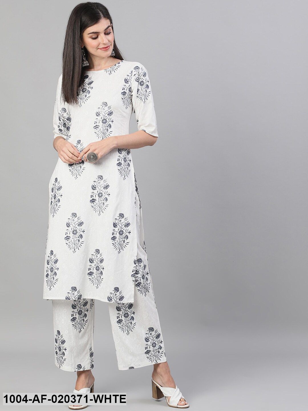 White & Navy Blue Embroidered Kurta with Trousers