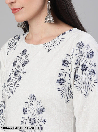 White & Navy Blue Embroidered Kurta with Trousers