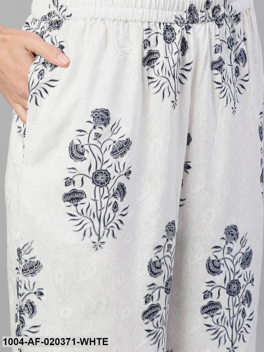 White & Navy Blue Embroidered Kurta with Trousers