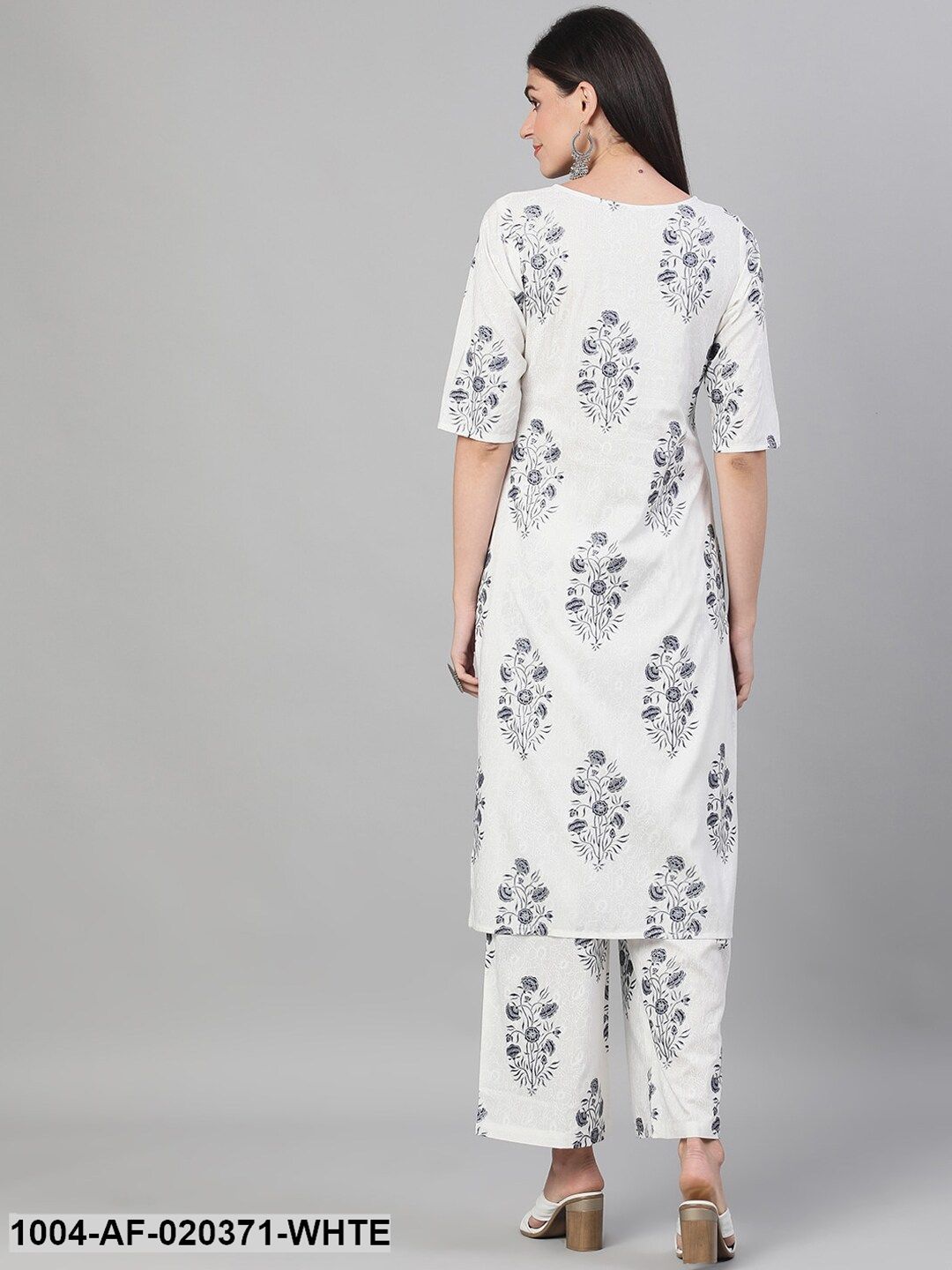 White & Navy Blue Embroidered Kurta with Trousers