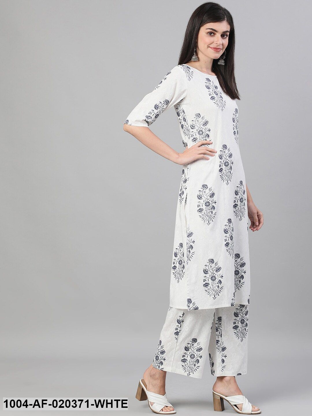 White & Navy Blue Embroidered Kurta with Trousers