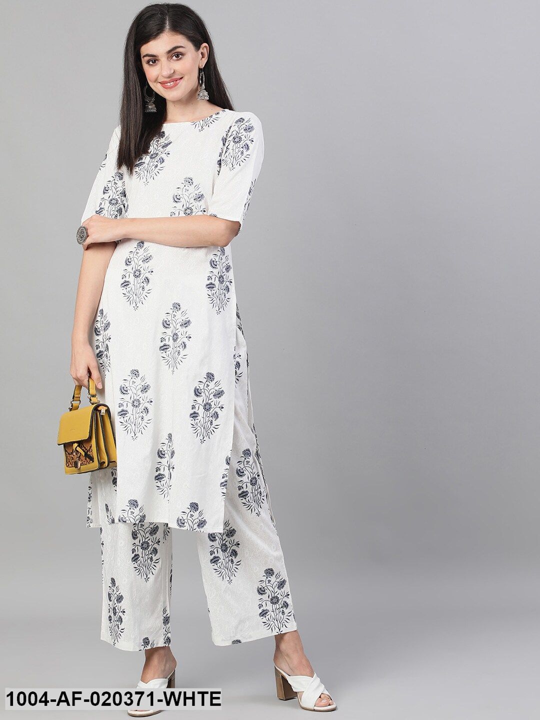 White & Navy Blue Embroidered Kurta with Trousers