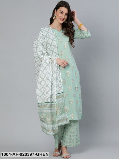 Green Printed Straight Kurta With Plazo & Dupatta