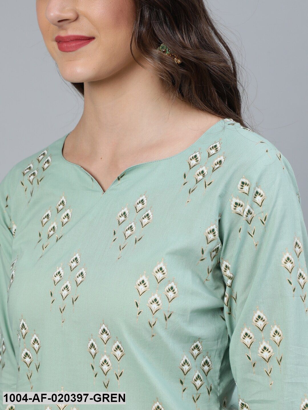 Green Printed Straight Kurta With Plazo & Dupatta