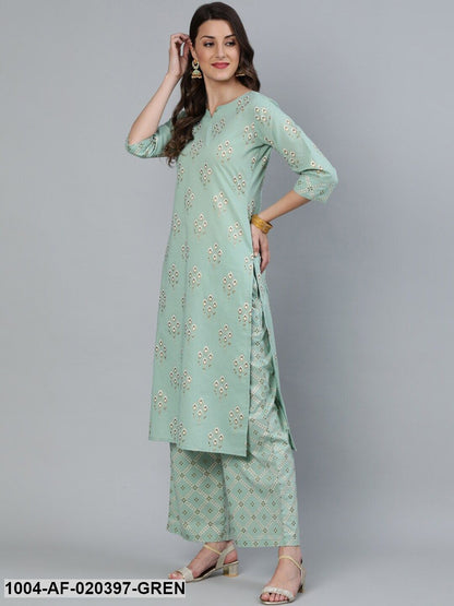 Green Printed Straight Kurta With Plazo & Dupatta