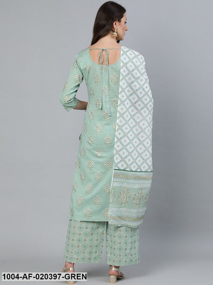 Green Printed Straight Kurta With Plazo & Dupatta