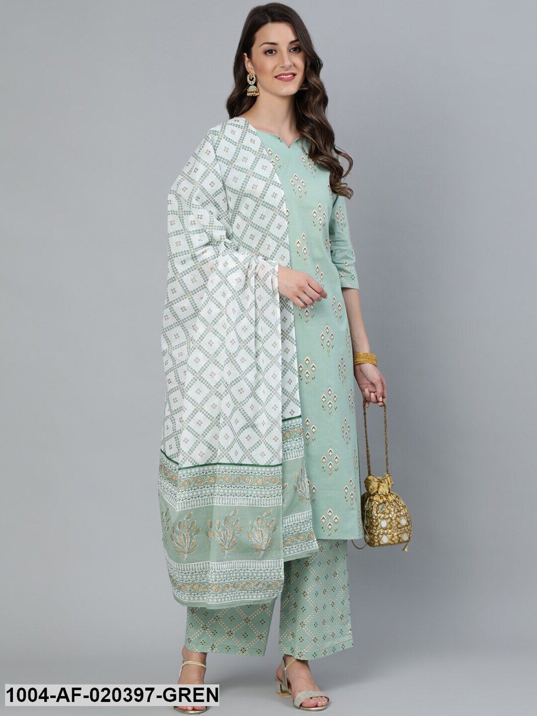 Green Printed Straight Kurta With Plazo & Dupatta