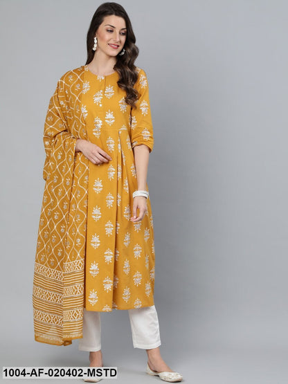 Mustard & Silver Printed Box Pleated Kurta With Trouser  & Dupatta