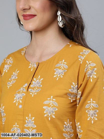 Mustard & Silver Printed Box Pleated Kurta With Trouser  & Dupatta