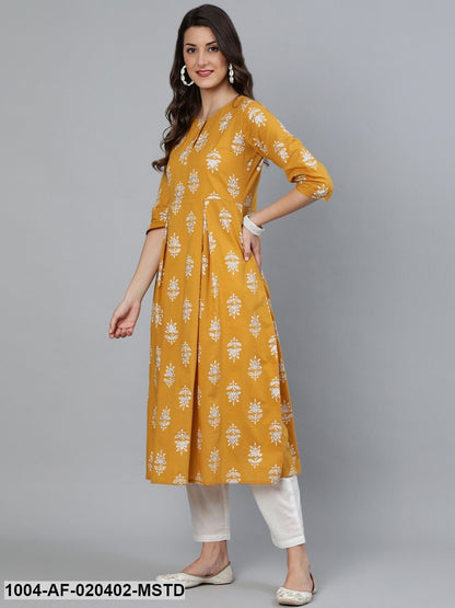 Mustard & Silver Printed Box Pleated Kurta With Trouser  & Dupatta