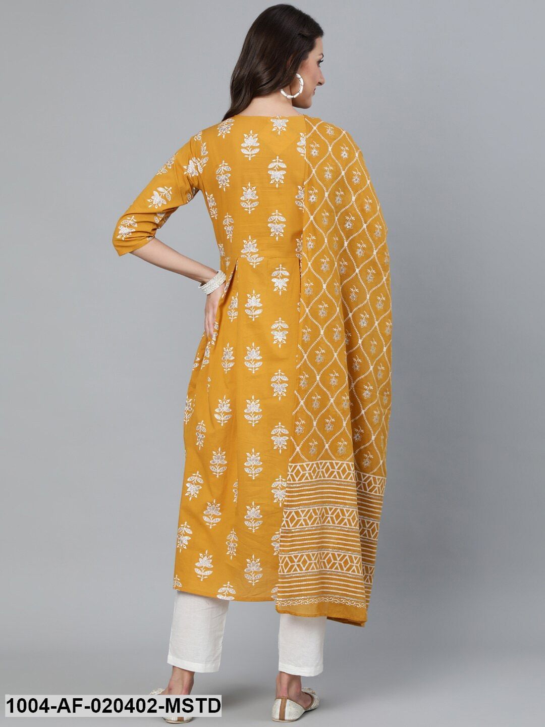 Mustard & Silver Printed Box Pleated Kurta With Trouser  & Dupatta