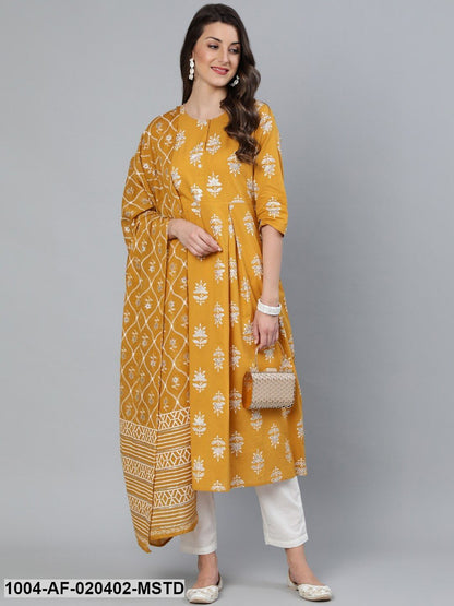 Mustard & Silver Printed Box Pleated Kurta With Trouser  & Dupatta