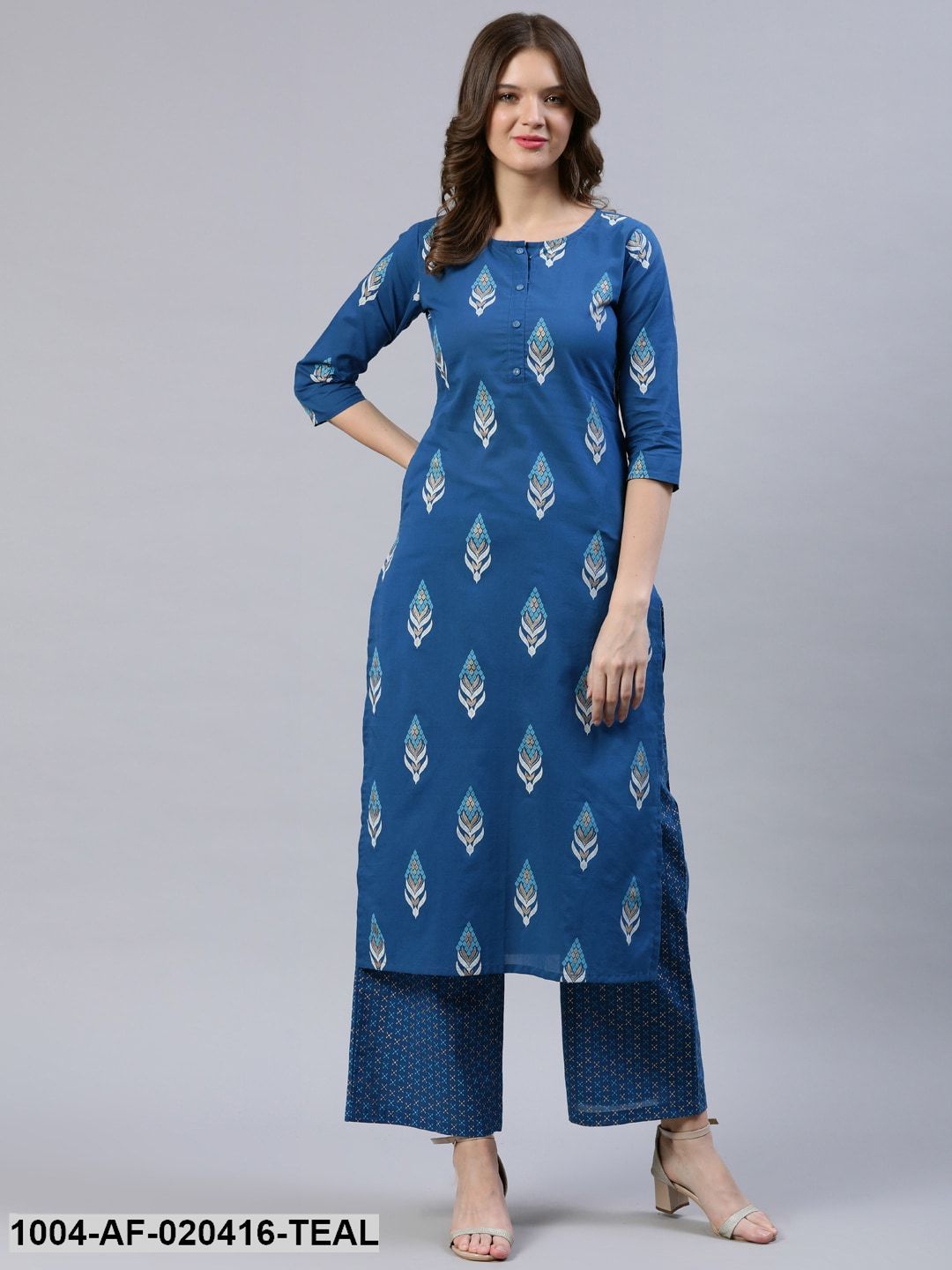 Teal Blue & Off-White Ethnic Screen Print Straight Pure Cotton Kurta & Palazzos