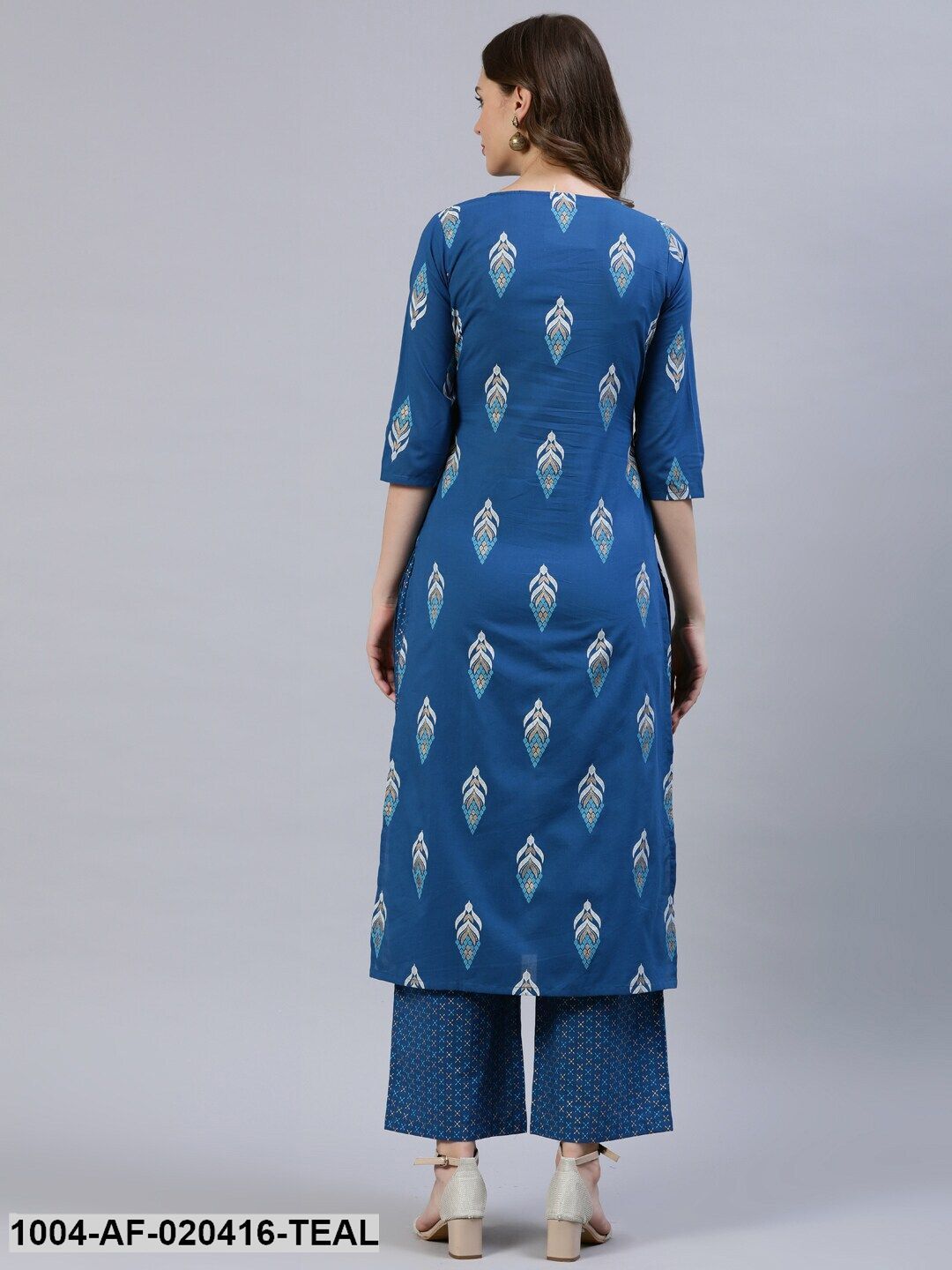 Teal Blue & Off-White Ethnic Screen Print Straight Pure Cotton Kurta & Palazzos