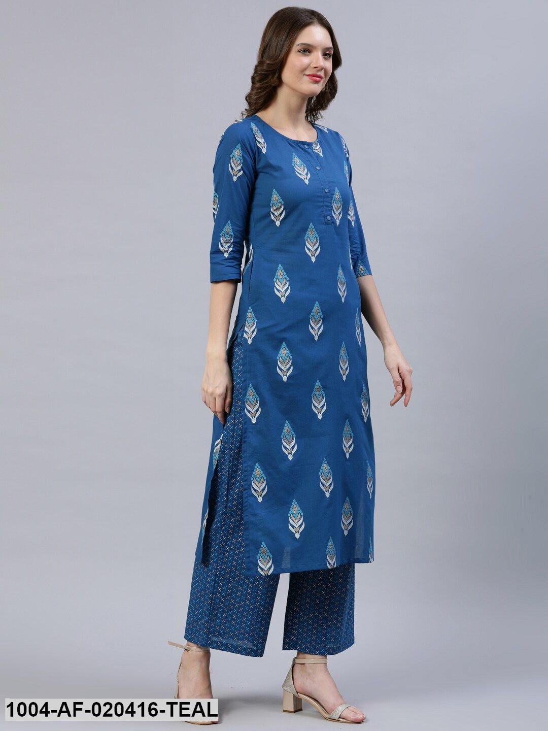 Teal Blue & Off-White Ethnic Screen Print Straight Pure Cotton Kurta & Palazzos