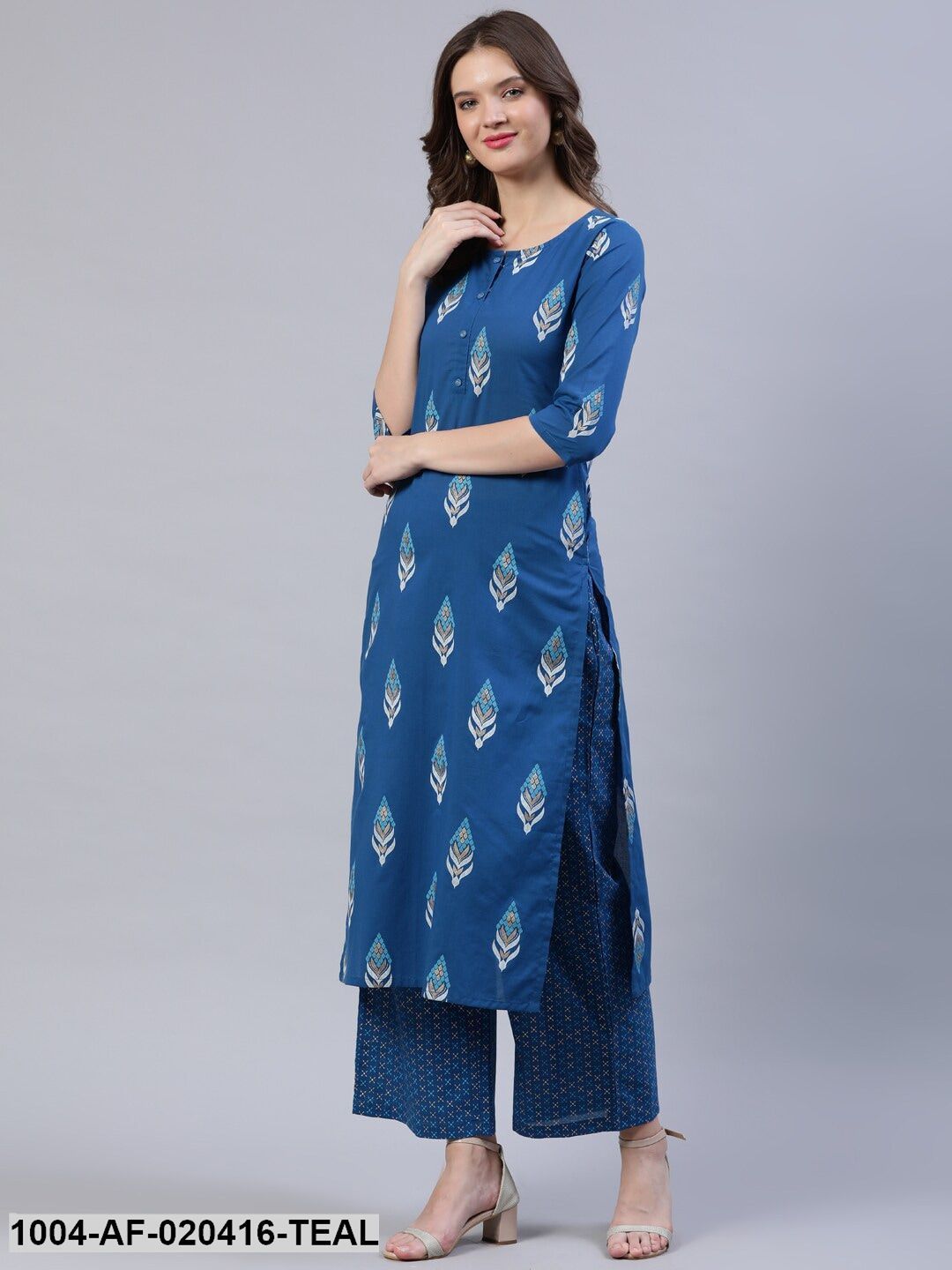 Teal Blue & Off-White Ethnic Screen Print Straight Pure Cotton Kurta & Palazzos