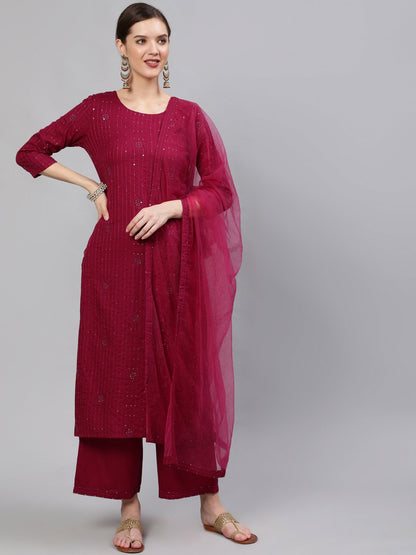 Women Wine Sequinned Embroidered Straight Kurta With Plazo & Dupatta