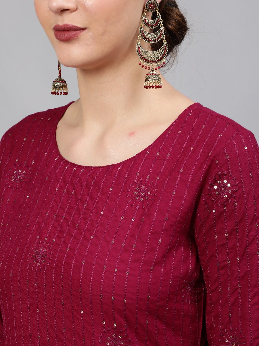 Women Wine Sequinned Embroidered Straight Kurta With Plazo & Dupatta