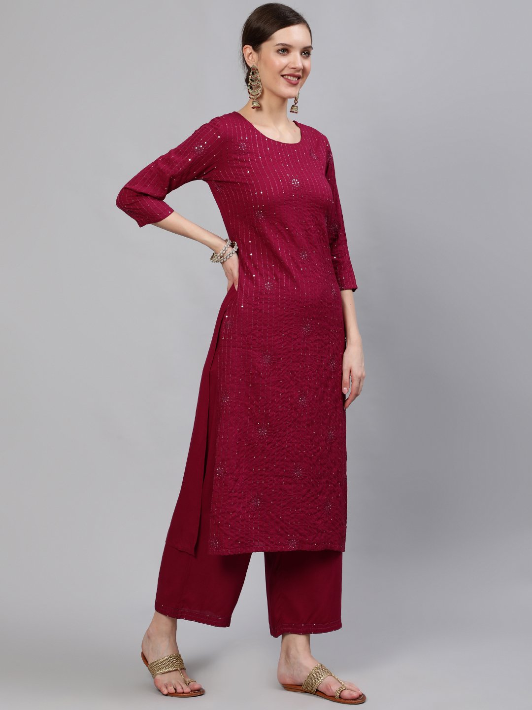 Women Wine Sequinned Embroidered Straight Kurta With Plazo & Dupatta