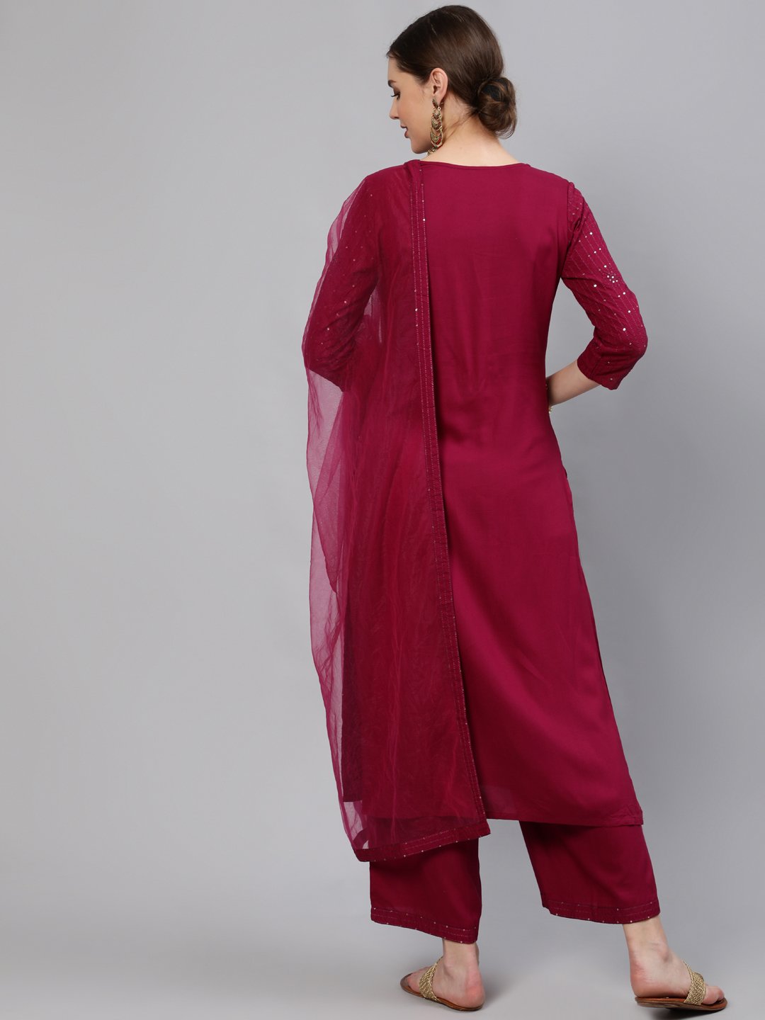 Women Wine Sequinned Embroidered Straight Kurta With Plazo & Dupatta