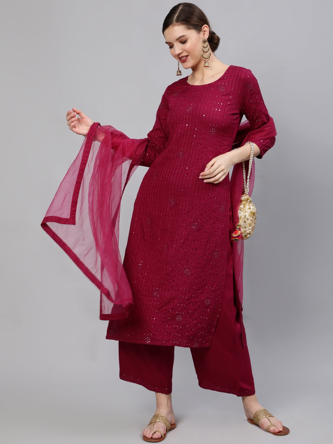 Women Wine Sequinned Embroidered Straight Kurta With Plazo & Dupatta