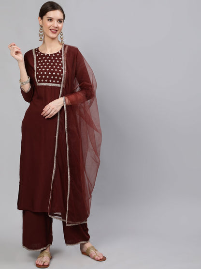 Women Brown  Sequinned Embroidered Straight Kurta With Plazo & Dupatta