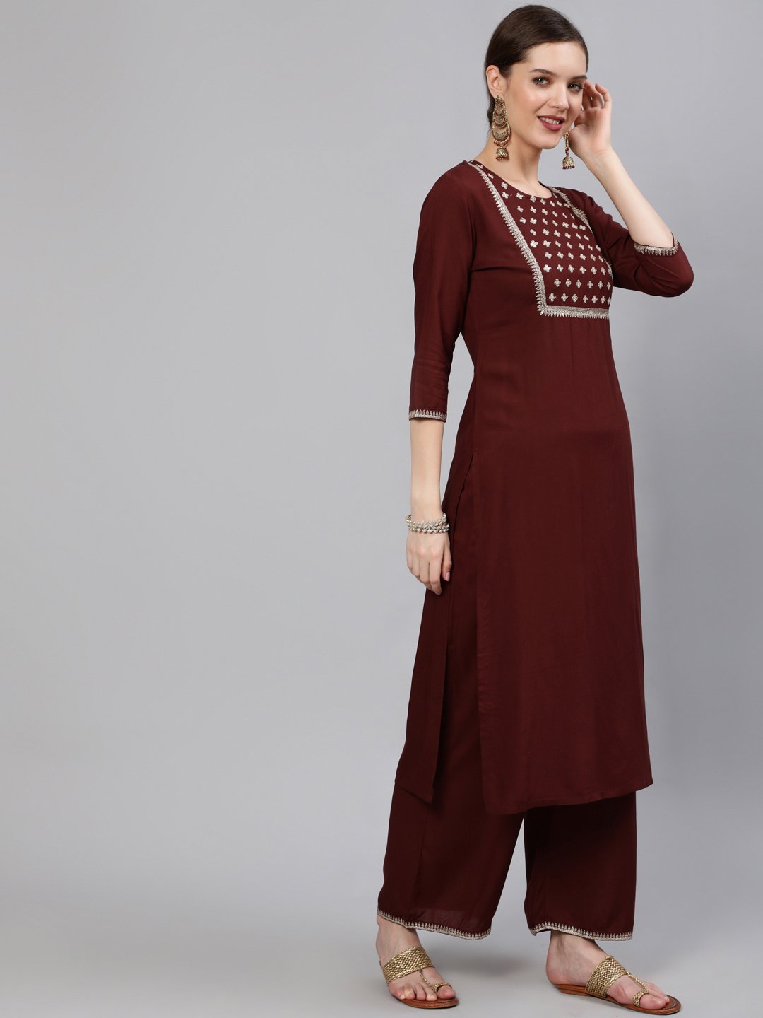 Women Brown  Sequinned Embroidered Straight Kurta With Plazo & Dupatta