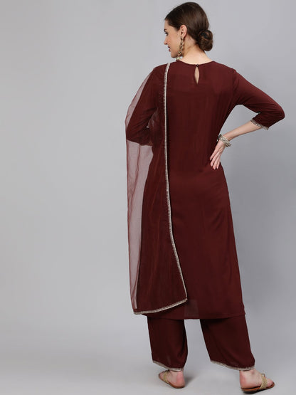 Women Brown  Sequinned Embroidered Straight Kurta With Plazo & Dupatta