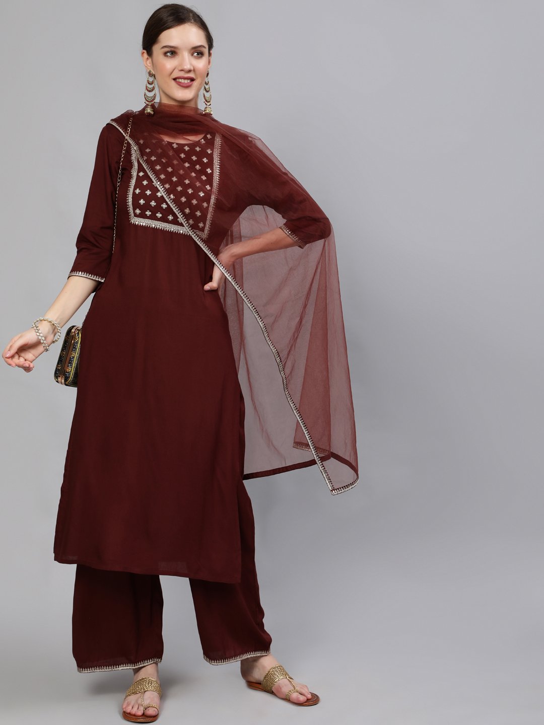 Women Brown  Sequinned Embroidered Straight Kurta With Plazo & Dupatta