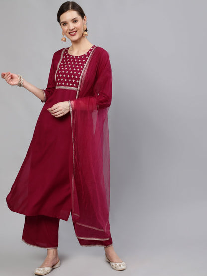 Women Wine Sequinned Embroidered Straight Kurta With Plazo & Dupatta