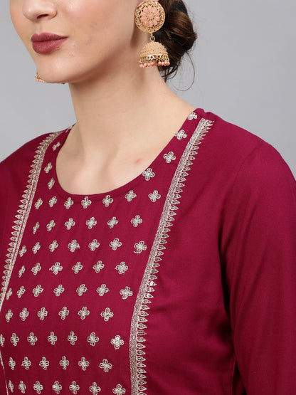 Women Wine Sequinned Embroidered Straight Kurta With Plazo & Dupatta