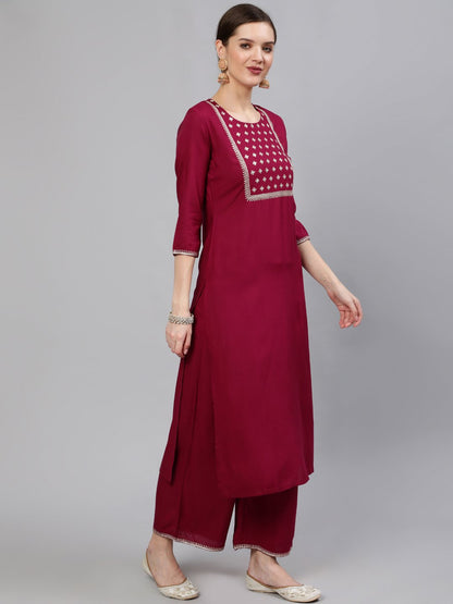 Women Wine Sequinned Embroidered Straight Kurta With Plazo & Dupatta