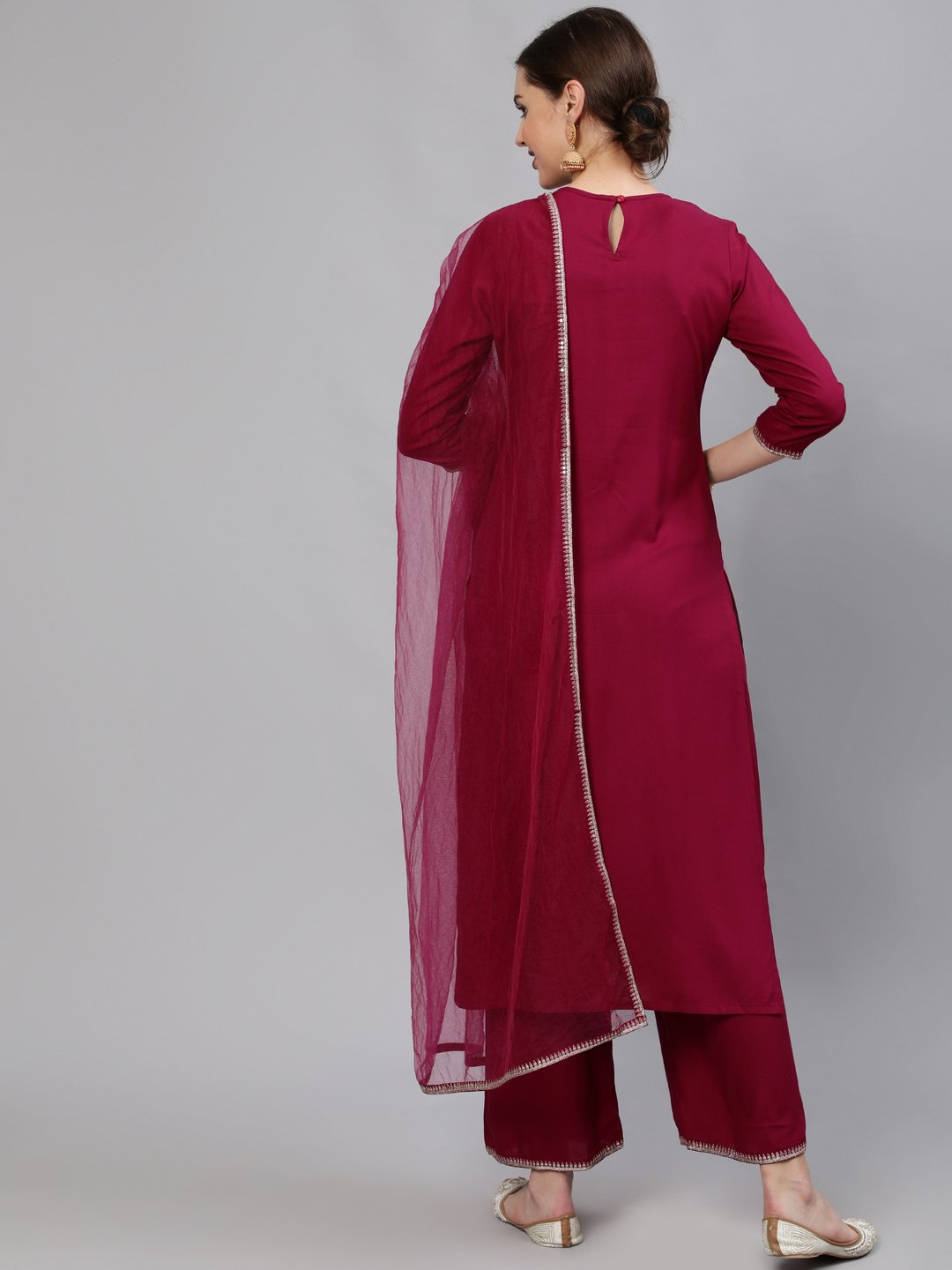 Women Wine Sequinned Embroidered Straight Kurta With Plazo & Dupatta