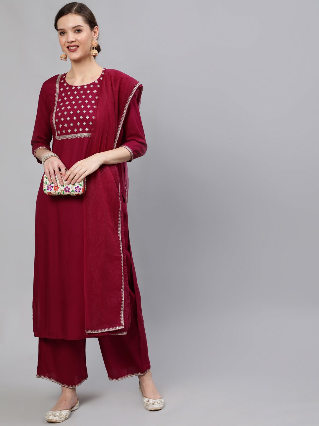 Women Wine Sequinned Embroidered Straight Kurta With Plazo & Dupatta