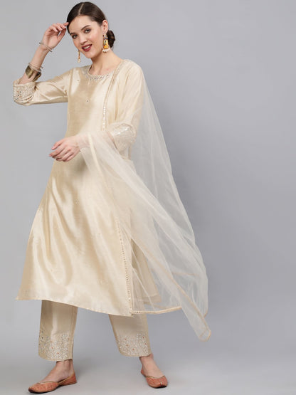 Women Cream Embroidered Straight Kurta With Plazo & Dupatta