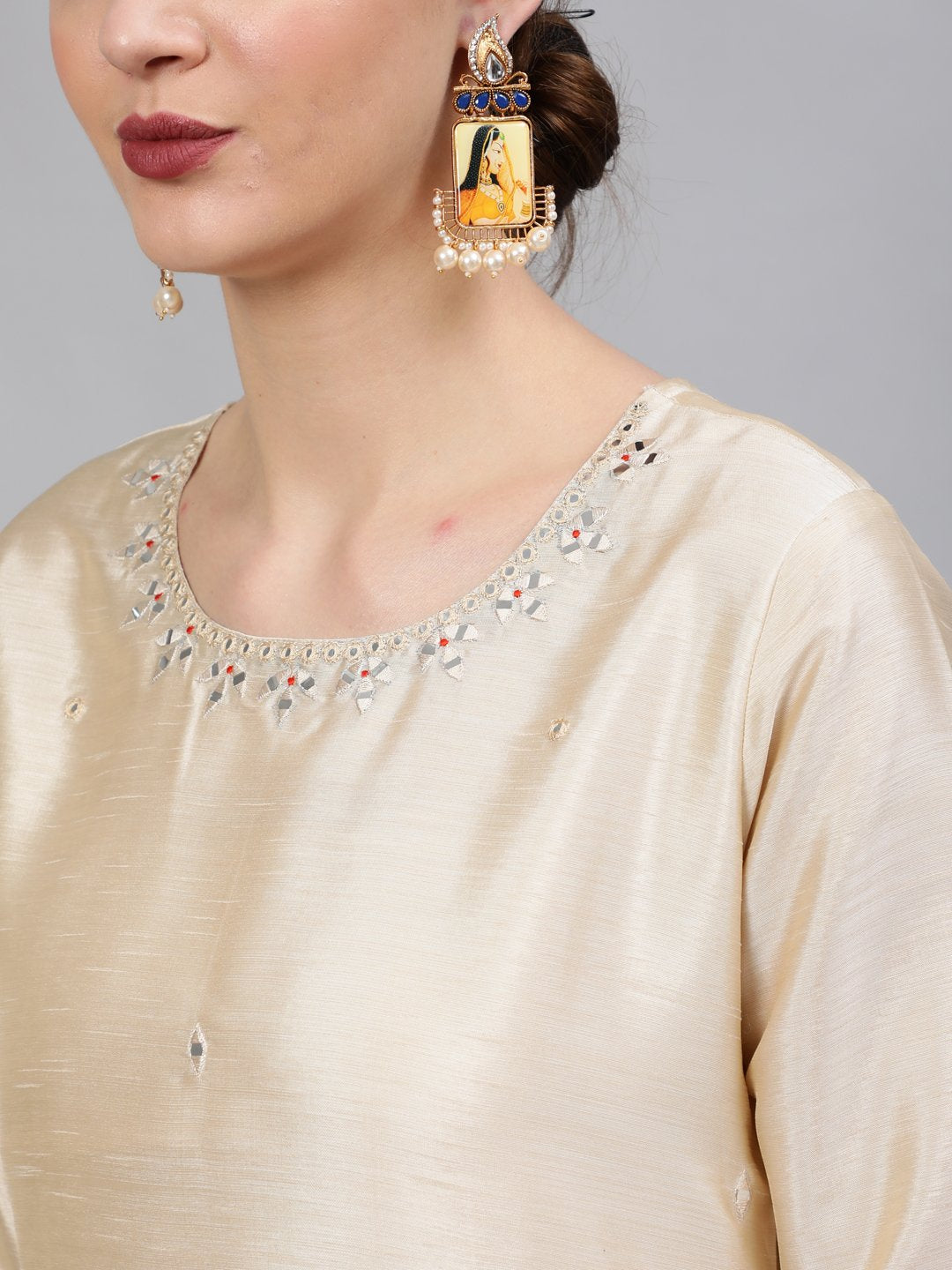 Women Cream Embroidered Straight Kurta With Plazo & Dupatta