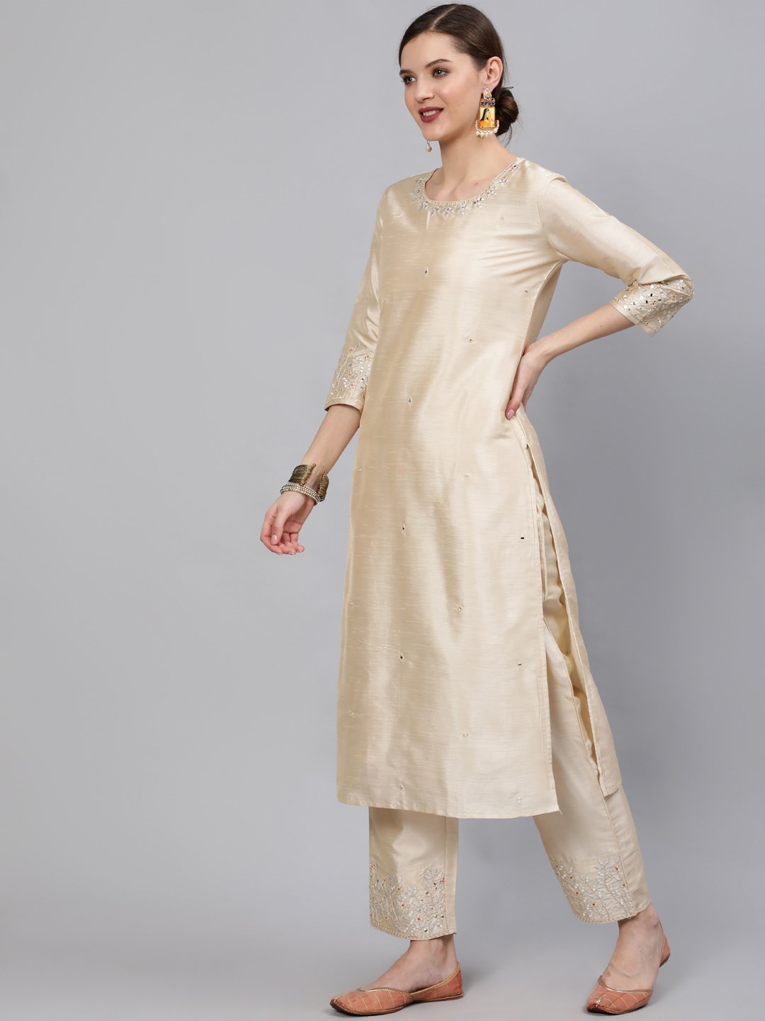 Women Cream Embroidered Straight Kurta With Plazo & Dupatta