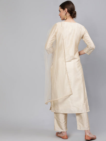 Women Cream Embroidered Straight Kurta With Plazo & Dupatta