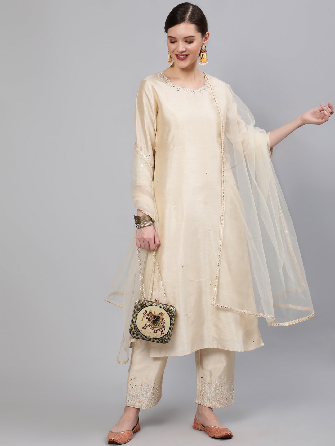 Women Cream Embroidered Straight Kurta With Plazo & Dupatta