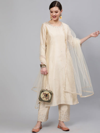 Women Cream Embroidered Straight Kurta With Plazo & Dupatta