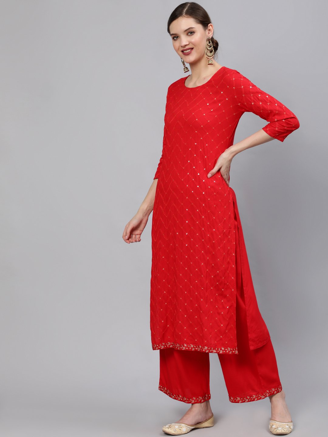 Women Red Sequinned Embroidered Straight Kurta With Plazo & Dupatta