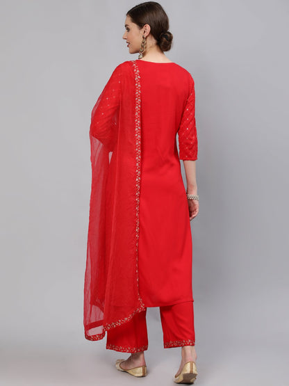 Women Red Sequinned Embroidered Straight Kurta With Plazo & Dupatta