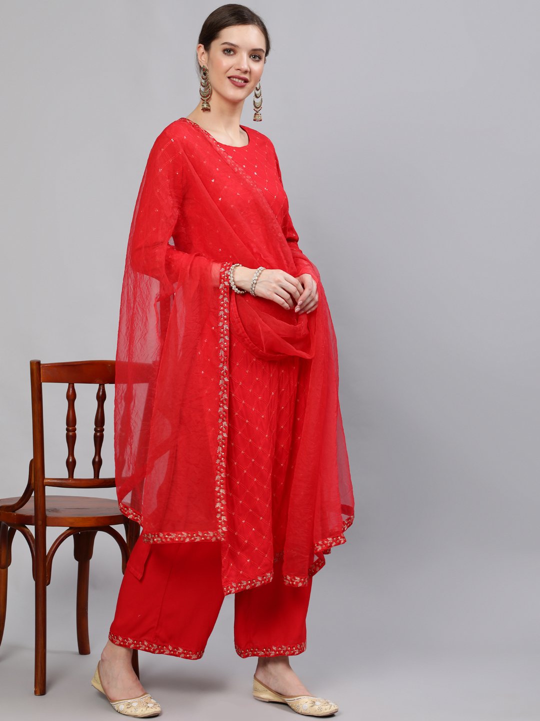 Women Red Sequinned Embroidered Straight Kurta With Plazo & Dupatta